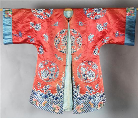 A Chinese red satin ladys robe, mid 19th century,